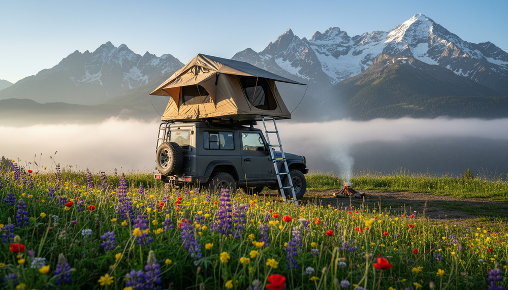 4x4 gris équipé d'une tente de toit souple beige avec échelle déployée, garé dans une prairie fleurie de lupins et coquelicots avec des sommets enneigés dans la brume en arrière-plan