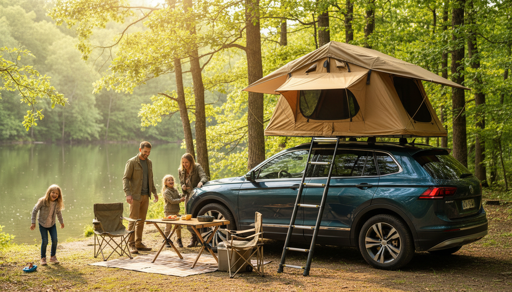 Famille avec enfants autour d'une table de pique-nique en forêt au bord d'un lac, à côté d'un SUV bleu équipé d'une tente de toit souple beige avec échelle déployée