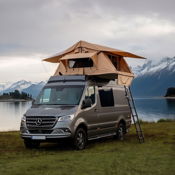 Mercedes Sprinter gris aménagé en van équipé d'une tente de toit souple beige ouverte avec échelle, garé au bord d'un lac de montagne avec des sommets enneigés