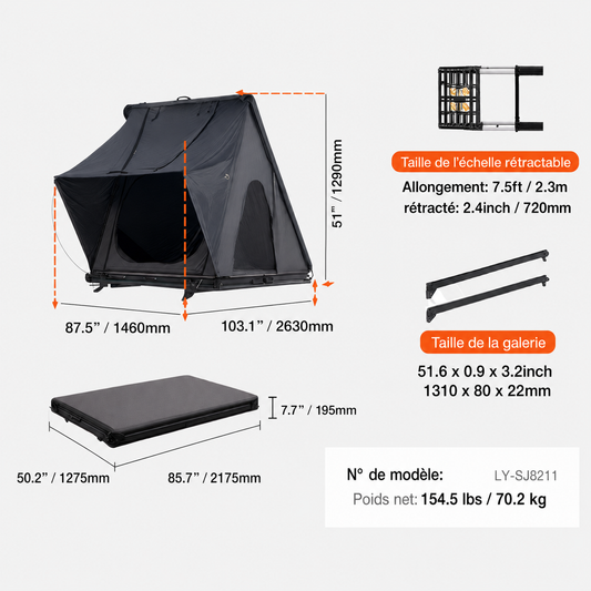 Fiche technique tente de toit rigide Explorer, dimensions ouvertes 2630mm, poids 70.2kg, échelle 2.3m