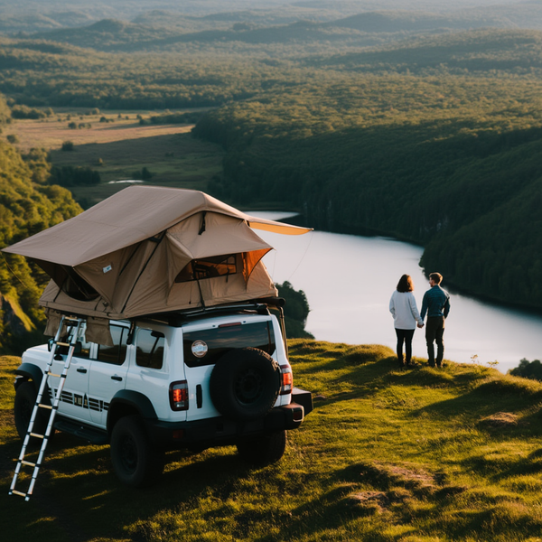 Tente de toit voiture installée sur un 4x4 blanc au bord d'une falaise avec vue sur un lac — couple en camping sauvage