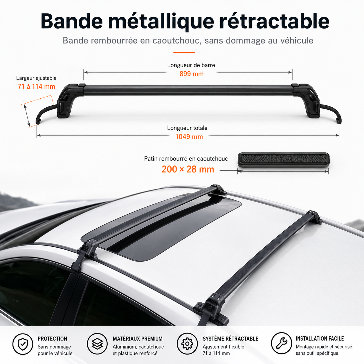 Schéma des barres de toit sans galerie : longueur totale 1049 mm, barre 899 mm, largeur réglable 71 à 114 mm, patin caoutchouc 200 x 28 mm