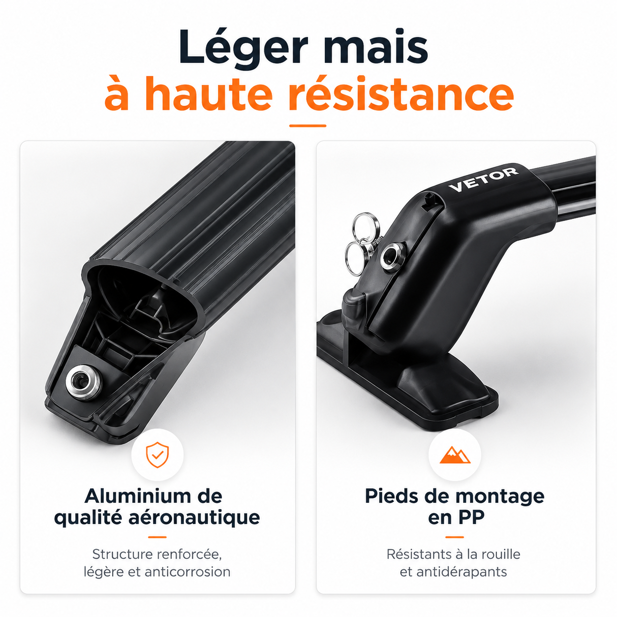 Barres de toit sans galerie en aluminium aéronautique avec pieds de montage en polypropylène résistants à la rouille