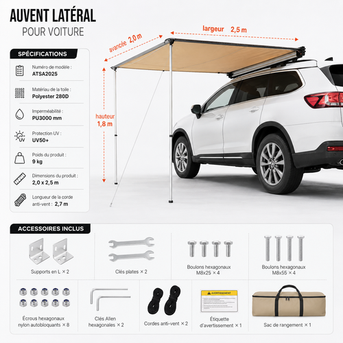 Schéma de l'auvent de voiture XL ATSA2025 : 2,0 x 2,5 m, hauteur 1,8 m, toile polyester 280D, PU3000 mm, UV50+, poids 9 kg