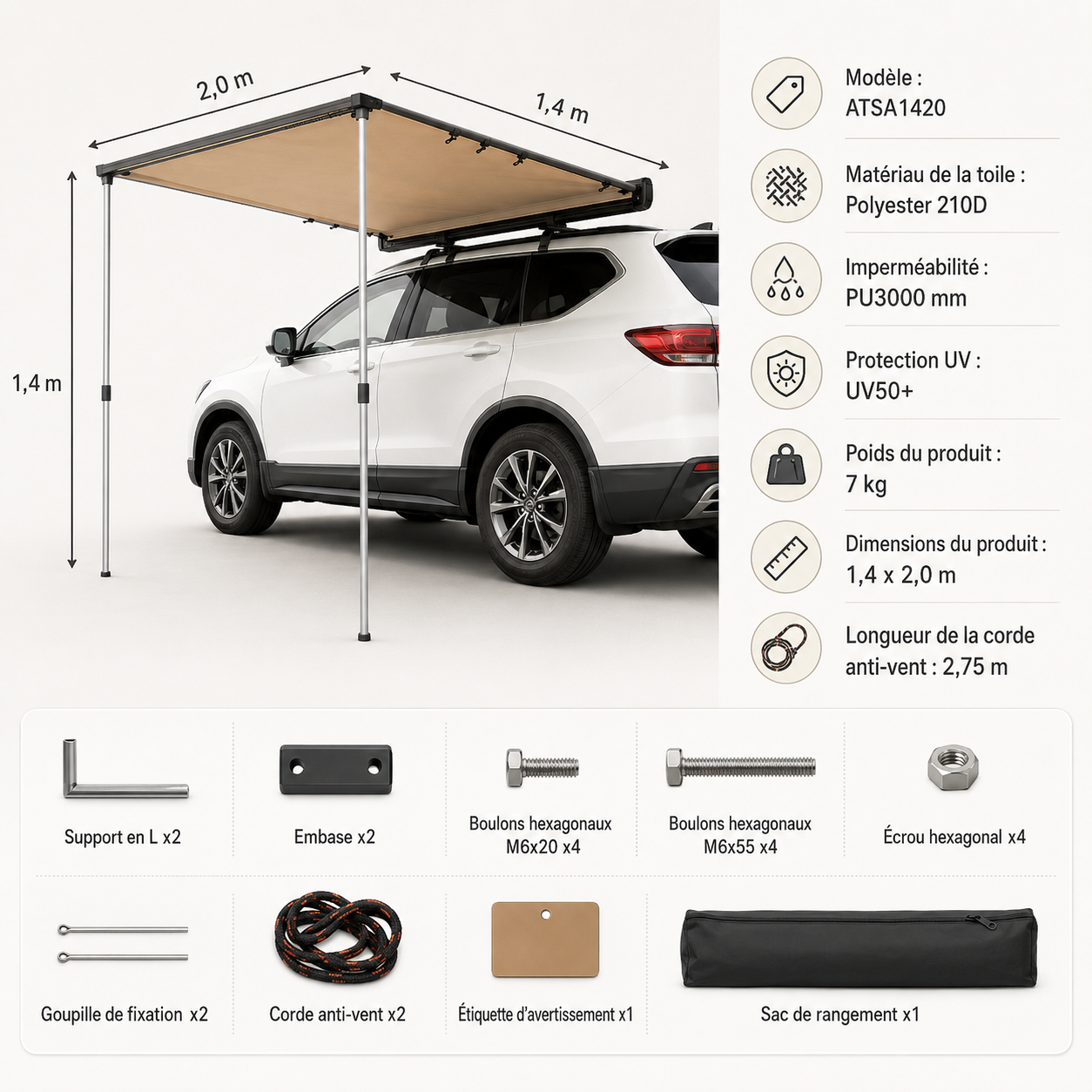 Schéma de l'auvent de voiture ATSA1420 : 1,4 x 2,0 m, toile polyester 210D, PU3000 mm, UV50+, poids 7 kg