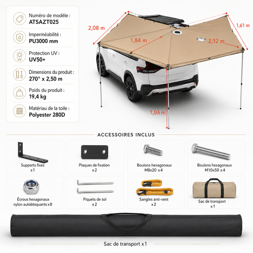 Schéma de l'auvent de voiture 270° ATSAZT025 : déploiement 270° x 2,5 m, toile polyester 280D, PU3000 mm, UV50+, poids 19,4 kg
