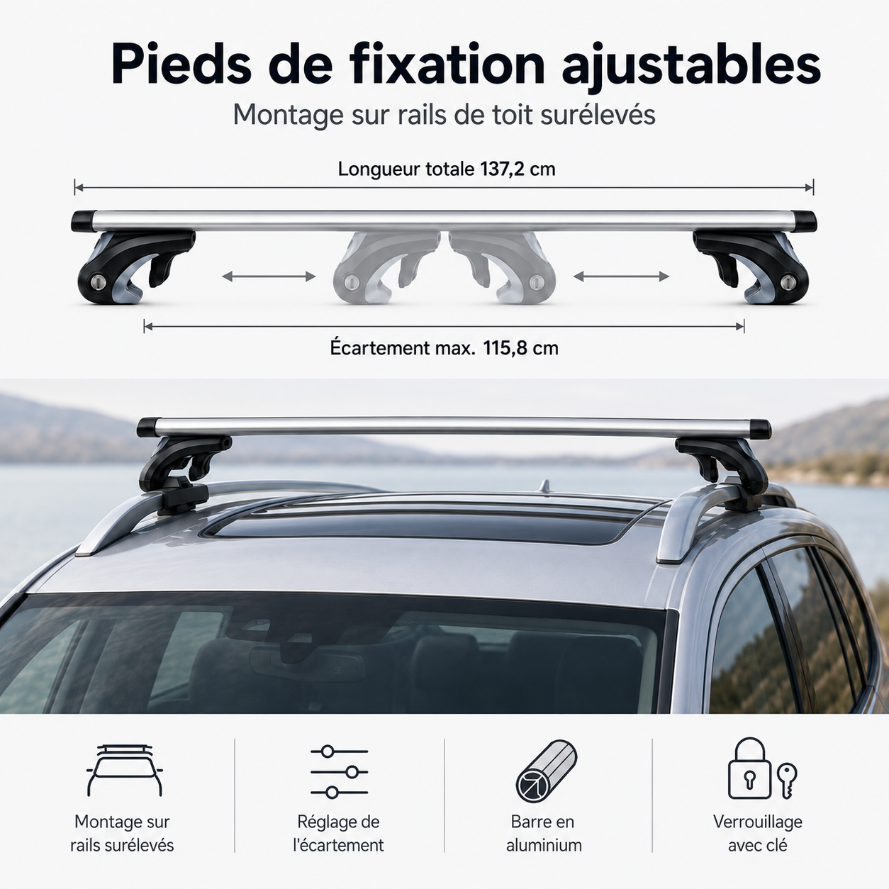 Pieds de fixation ajustables des barres de toit : longueur (137 cm), écartement réglable jusqu'à  (115,8 cm)