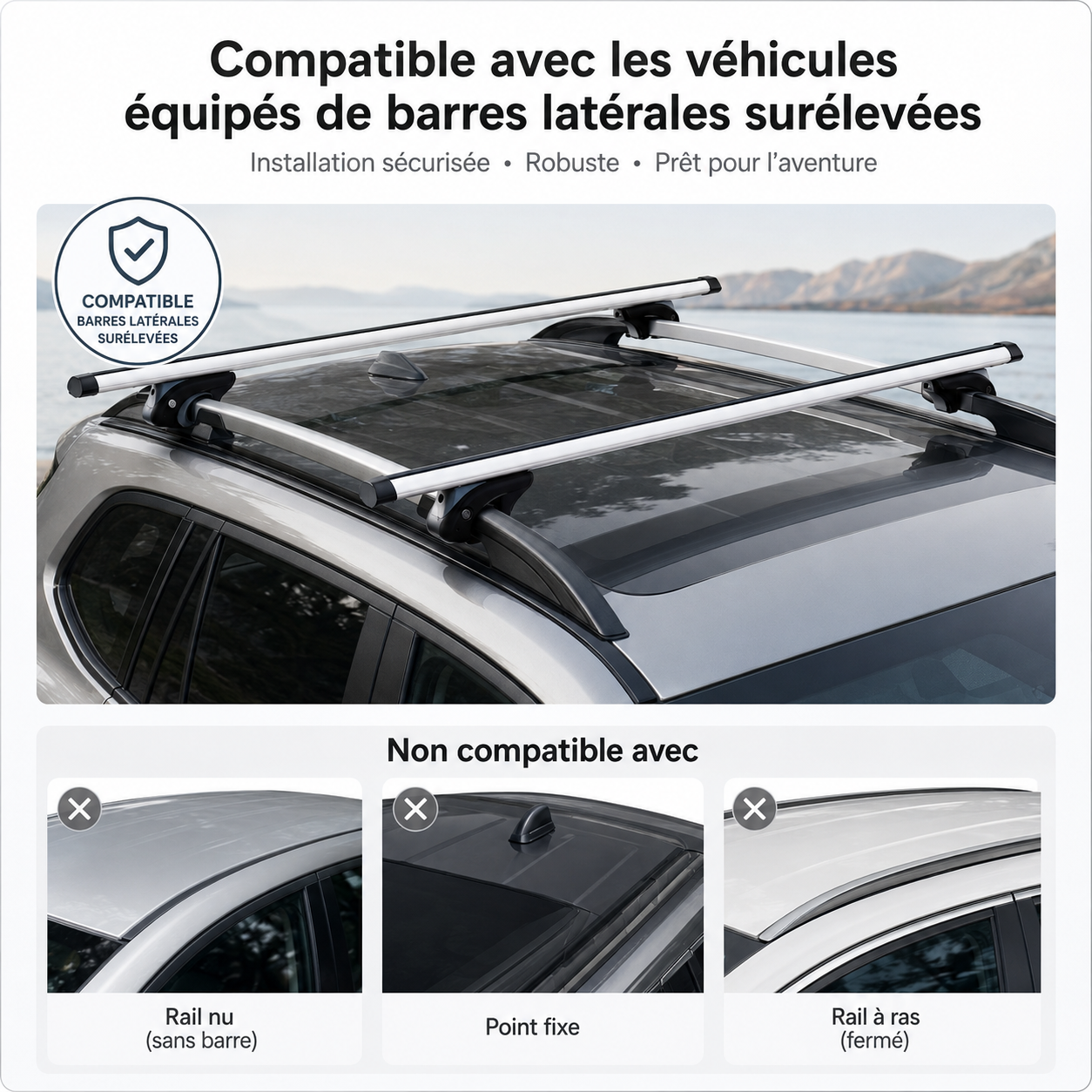 Barres de toit avec galerie ToitAventure montées sur les rails latéraux surélevés d'un SUV