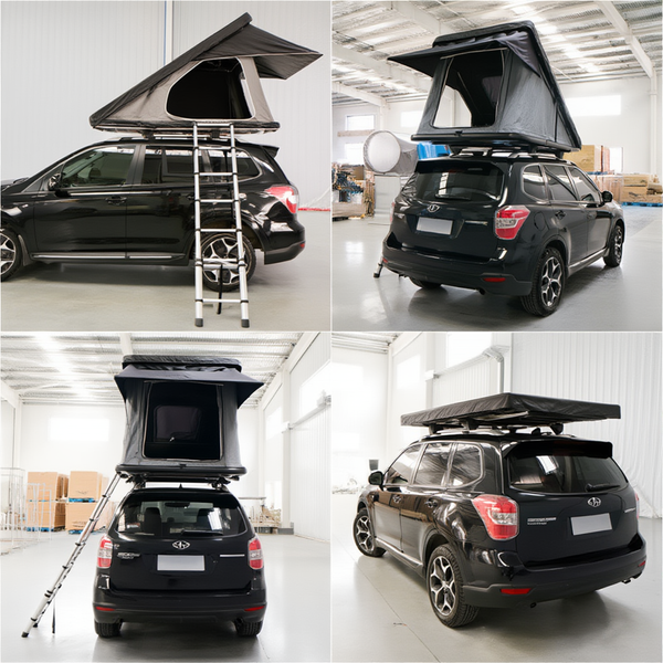 Collage de 4 vues d'installation de la Tente Explorer de ToitAventure sur un SUV noir, photographié en entrepôt sous différents angles