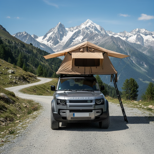 Land Rover Defender gris avec une tente de toit souple beige déployée, vu de face sur une route de montagne avec des sommets enneigés en arrière-plan