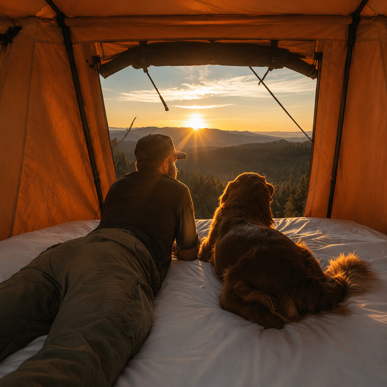 Homme et son chien installés dans la tente de toit souple Horizon avec vue sur la campagne