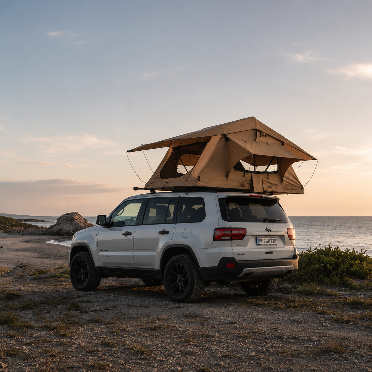 Tente de toit souple Horizon ouverte sur le toit d'une Jeep