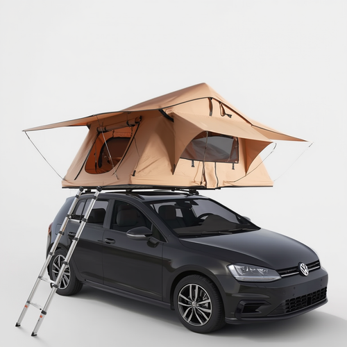 Tente de toit Horizon ouverte sur Volkswagen Golf grise — compatible toutes voitures barres de toit