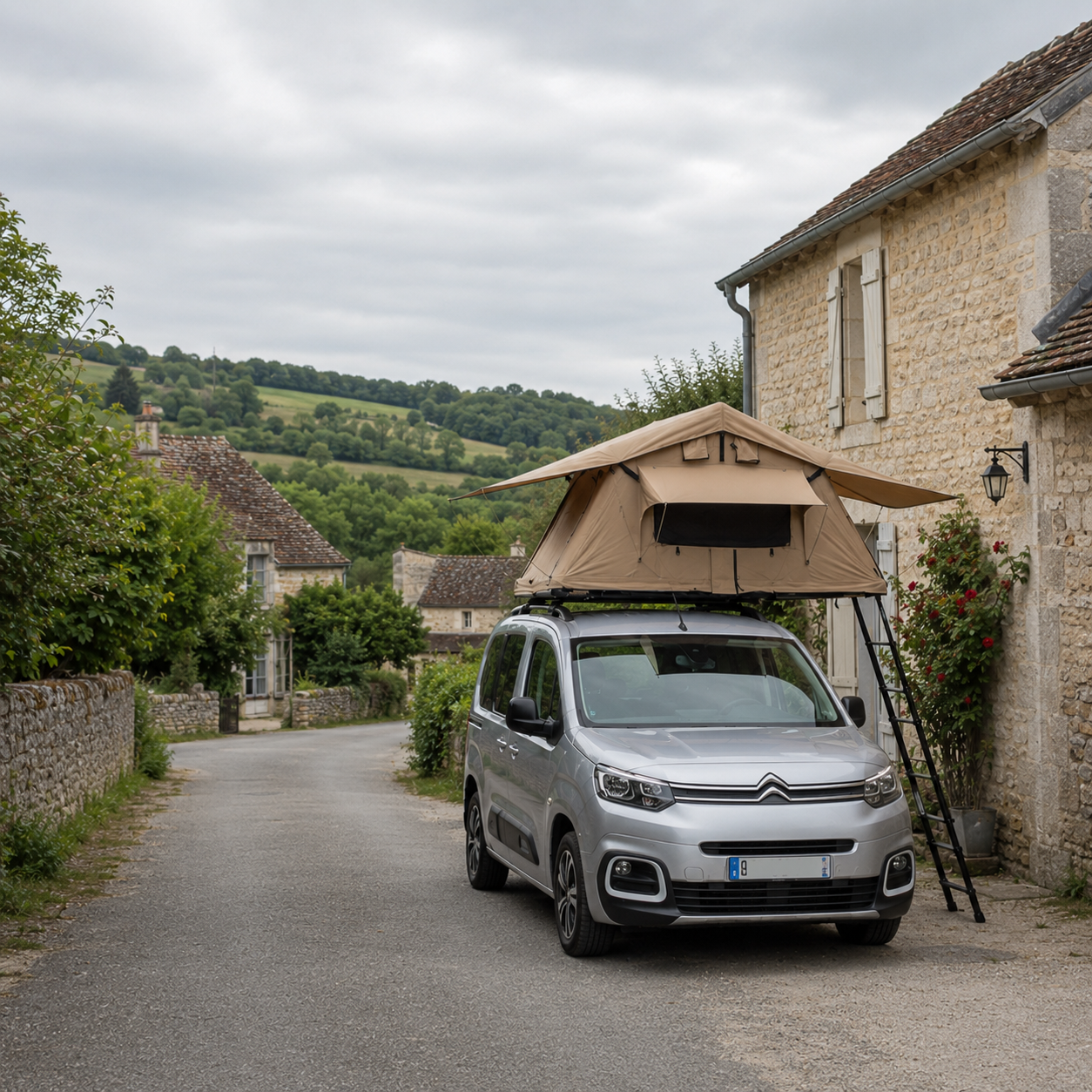 Tente de toit souple Horizon ouverte sur un véhicule garé dans un village