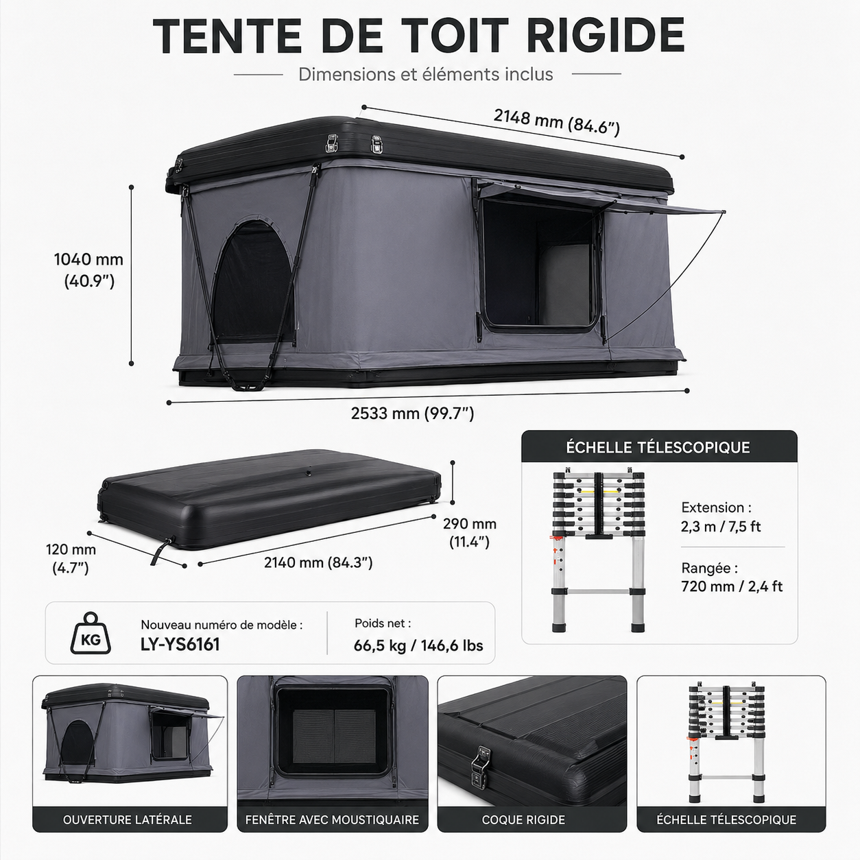 Schéma des dimensions de la tente de toit rigide Nomad : 2533 x 2148 x 1040 mm ouverte, poids 66,5 kg, échelle 2,3 m