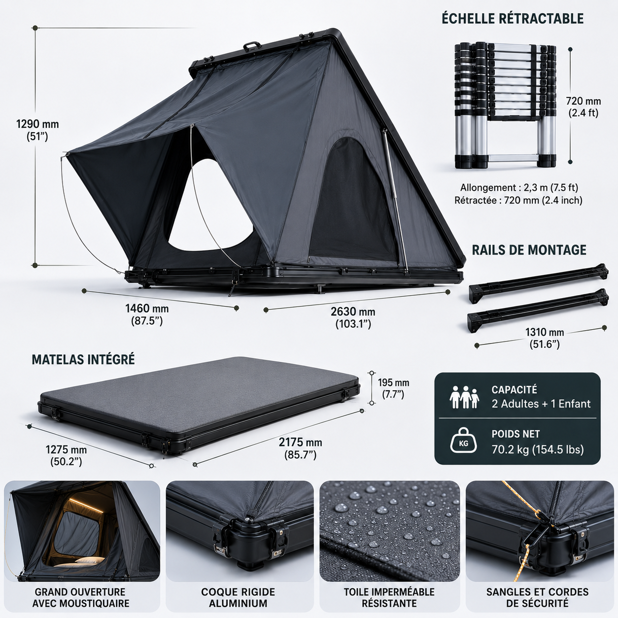 Schéma des dimensions de la tente de toit rigide Explorer : 2630 x 1460 x 1290 mm ouverte, poids 70,2 kg, échelle 2,3 m