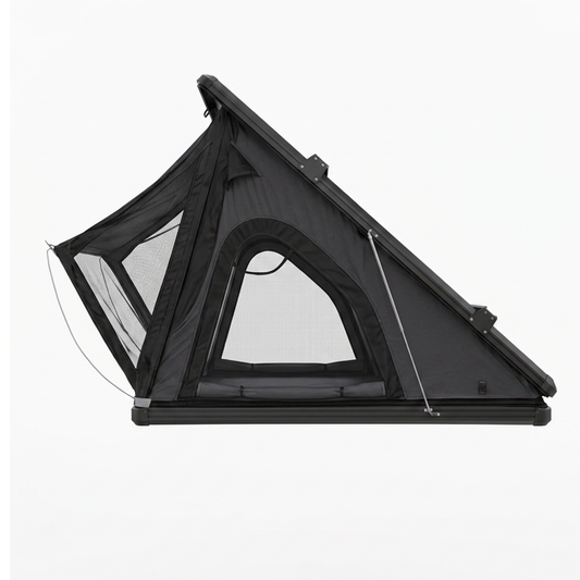 Tente de toit rigide noire forme triangulaire ouverte avec moustiquaire et coque aluminium