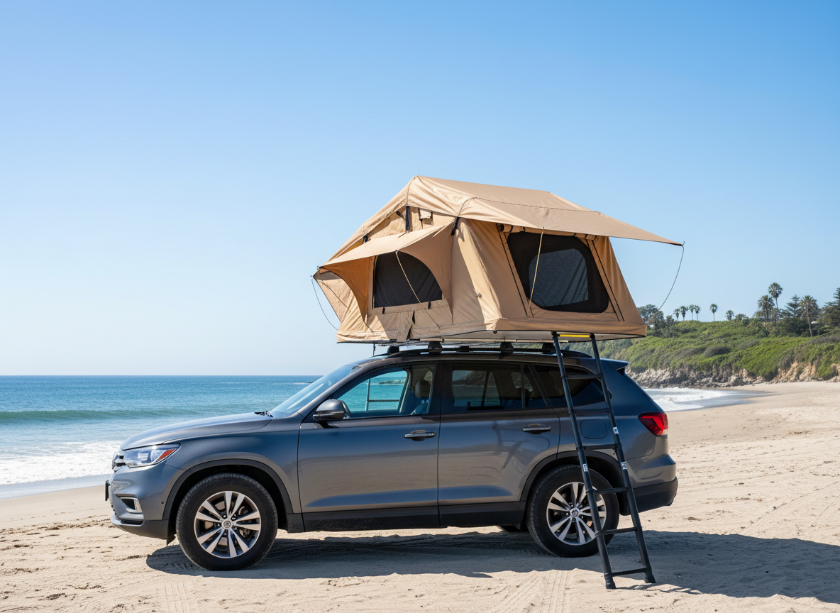 Tente de toit souple beige ouverte sur un SUV gris garé sur la plage avec échelle dépliée